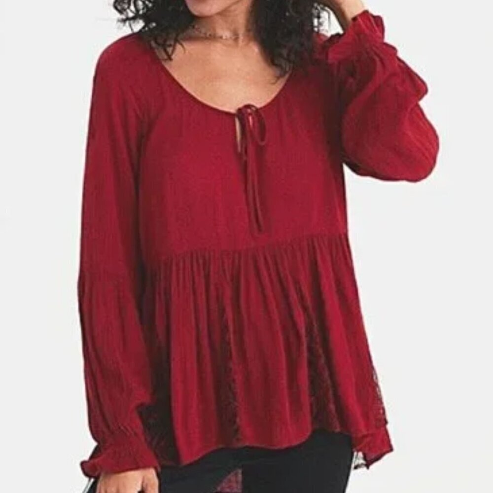 American Eagle Women's Lace Long Sleeve Boho Peasant Top - XS
